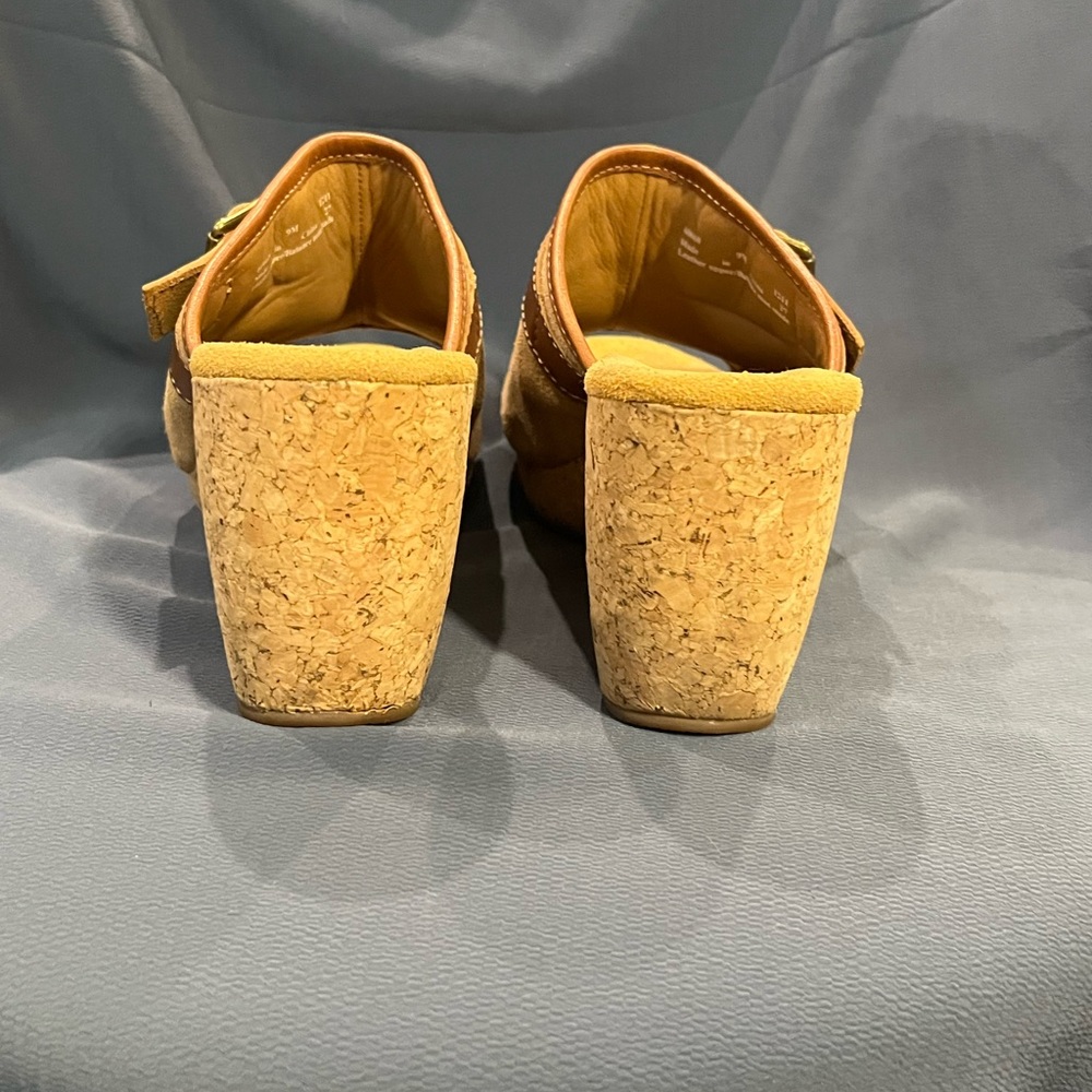 Clarks Elements Harwich Keel Platform Sandals Leather Cork 4” Wedge Brown Suede - Picture 7 of 12